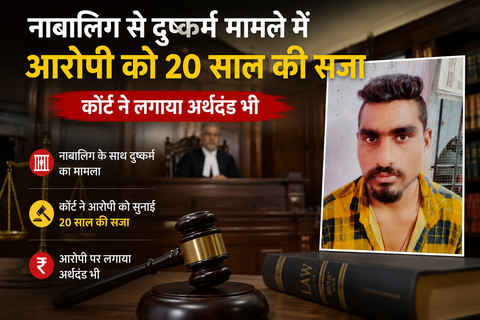 नाबालिग से दुष्कर्म मामले में आरोपी को 20 साल की सजा, कोर्ट ने लगाया अर्थदंड भी